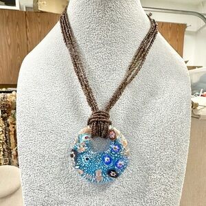 Round Art Glass Blue Millefiori Pendant Copper Tone Seed Bead Necklace